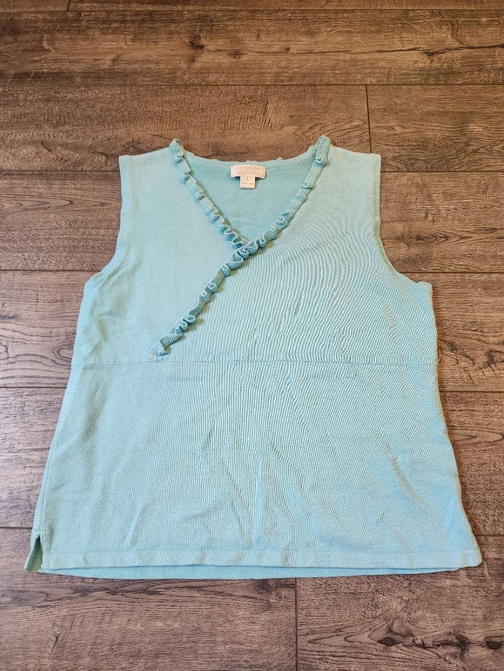 Christopher & Banks Light Green Large Sleeveless Sweater V-Neckline Ruffle Trim